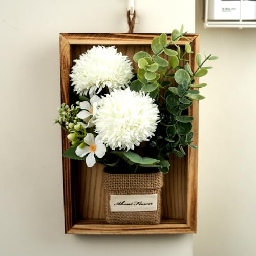 Artificial Chrysanths Wall Hanging Flower Frame – Rustic Wooden Frame with Burlap Vase, Home & Office Wall Décor