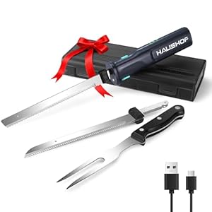 HAUSHOF Coltello Elettrico a Batteria con Coltello da Pane 18cm, Coltello da Bistecca 20cm e Forchetta, Coltello da Cucina Batteria 2000mAh, Ideale per Affettare Cotolette, Pane, Formaggio – Nero