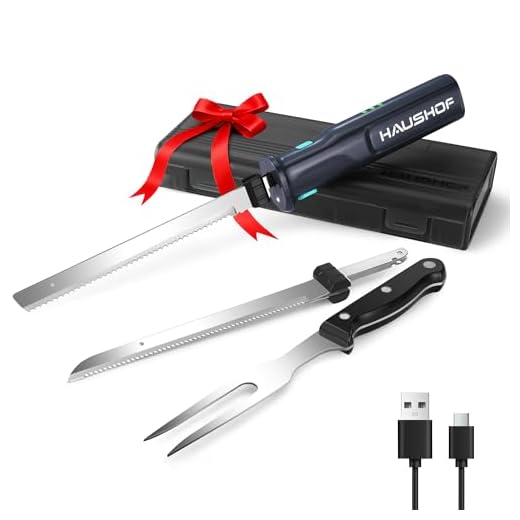 HAUSHOF Coltello Elettrico a Batteria con Coltello da Pane 18cm, Coltello da Bistecca 20cm e Forchetta, Coltello da Cucina Batteria 2000mAh, Ideale per Affettare Cotolette, Pane, Formaggio - Nero