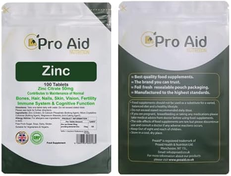 Zinc Tablets 50mg | Immune Function, Fertility, Healthy Bones, Vision, Hair, Nails and Skin | Easy to Swallow | Letterbox Friendly | One per Day |100 Pack by ProAid | Made in UK