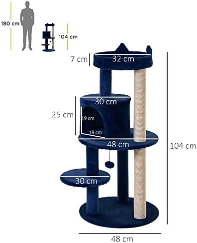 Pawhut Cat Tree for Indoor Cats Kitten Scratching Post Climbing Tower Pet Activity Center Blue 48 x 48 x 104 cm