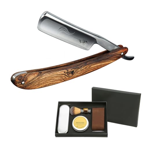 Straight Razor Kit Wooden Handle Shave Ready for Men Barber Straight Edge Razor Professional Carbon Steel Sharp Shaver with Shaving Strop Brush Shaving Cream for Men Home &Grooming Using