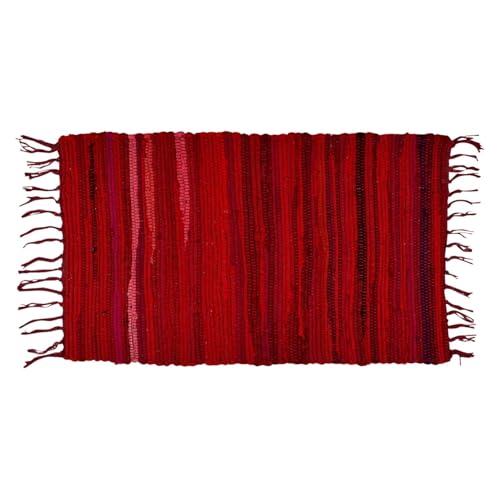 MARRAKESCH Callum Tapis tissé à la main - Petit tapis en coton bleu - 50 x 90 cm - Style bohème à rayures - En coton avec franges - Paillasson pour salon,...