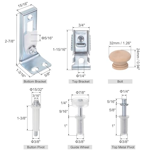 uxcell Kit de Herrajes para Puerta Bifold incluye Pivote Superior e Inferior, Soporte y Rueda Guía, Perilla y Tornillos para Puerta Plegable de Clóset miniatura 2
