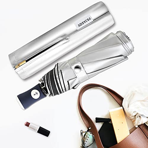 Image of FDJASGY Silver Coating Layer Fabric Blocking UV 99.9% Sun Umbrella Compact Folding Travel Umbrella Automatic Folding Windproof Umbrellas For Men and Women (Black)
