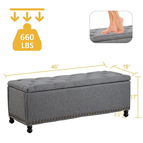 Youdenova Storage Bench, 46 Inch Storage Ottoman Bench, Modern Button Tufted Ottoman For Bedroom, Living Room, End Of Bed, Hallway – Large Ottoman Foot Rest With Safety Hinges, Dark Grey #TOP4