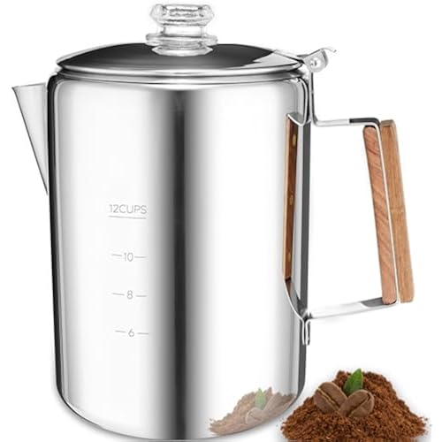 MEREZA Camping Percolator Coffee Pot 12 Cup Stove Top Coffee Percolator Non Electric Coffee Maker Camping Stainless Steel Coffee Pot Outdoors Home No Aluminum & Plastic Fast Brew
