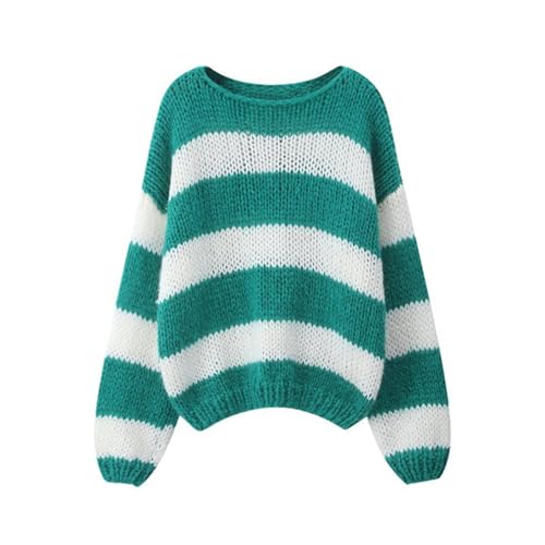 Image of FeMereina Women's Knit Striped Sweater Oversized Color Clock Long Sleeve Crewneck Pullover Jumpers Cute Trendy Sweater (Green, M)