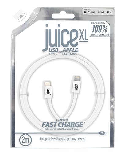 Juice USB Type C - Apple Lightning, 2m Charger and Sync Cable for Apple iPhone 14, 14 Pro, 13, 13 Pro, 12, 12 Mini, SE, 11, XS, XR, X, 8, 7, 6, 5, iPad, Airpods Pro - White