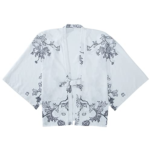Rubruan Women\'s Kimono Floral Cover Up Japanese Haori Cardigans Casual Loose Open Front Blouses Summer Beach Tops for Men White - Thumbnail 4