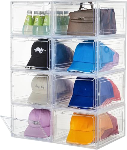 Attelite Upgrade Harder Solid Plastic Hat Organizer for Baseball Caps, 8 Pack Stackable Hat Storage Box with Clear Magnetic Door, Hat Rack(XL-Clear)