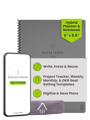 Rocketbook Fusion Hybrid Reusable Planner and Notebook in One, Additional Blank Pages, Goal and Project Tracker, Undated Planner, Executive Size 6x8.8, Grey (Pack of 1)