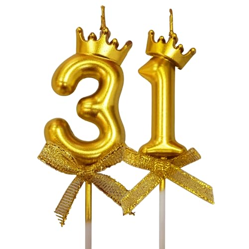 Image of 2 Pc 31 Number Candle for Birthday Cake Metallic 31st Birthday Cake Decoration Thirty One Candle with Crown on Top Cake Topper 0-9 Number Candles for Anniversary (Pack of 2, Gold)