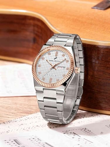 Image of Daniel Hechter Hoche Collection Classic Analog Watch for Men - Textured Dial,Crystal Indices with Fluted Bezel, Date Display and Silver Stainless Steel Strap