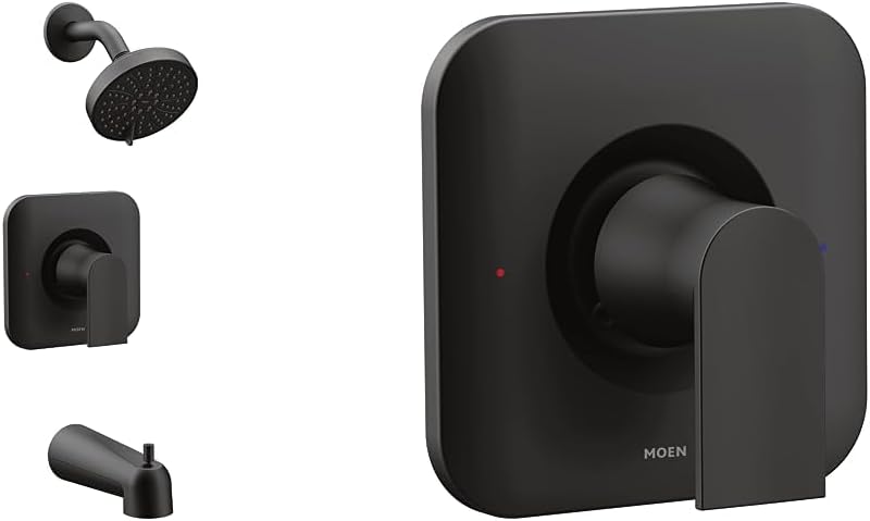 Moen Genta LX Bundle Matte Black High-Pressure Eco-Performance Modern Tub and Shower Trim, Showerhead, Shower Handle, and Tub Spout, T2473EPBL + Shower Handle, T2471BL - Valves Required