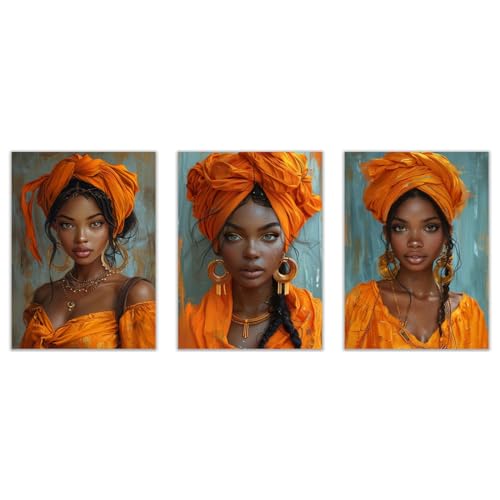 Tableau Femme Africaine pour sublimer un mur vide salon triptyque peinture jaune bleu JOSUE