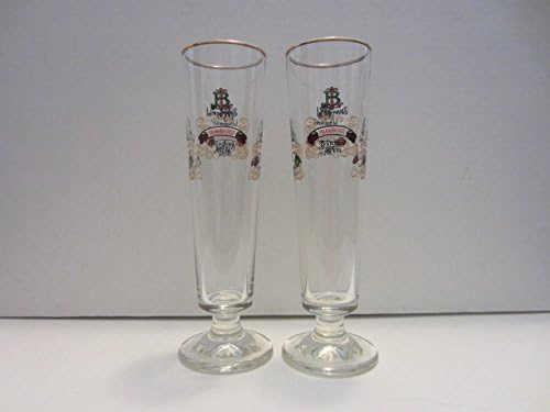 Set of 2 Lindemans Merchant du Vin Framboise Kriek Peche Pomme Belgian Lambic Beer Gold Rim Flute Glasses