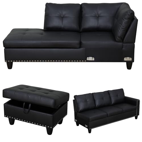 image for Trygoal Leather Sectional Sofa with Movable Chaise & Storage Ottoman, 