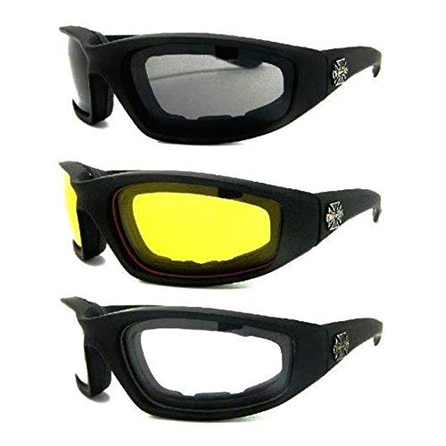 MODA 3 Pair Chopper Padded Sunglasses Yellow,Smoke,Clear Motorcycle Bike ATV Boating