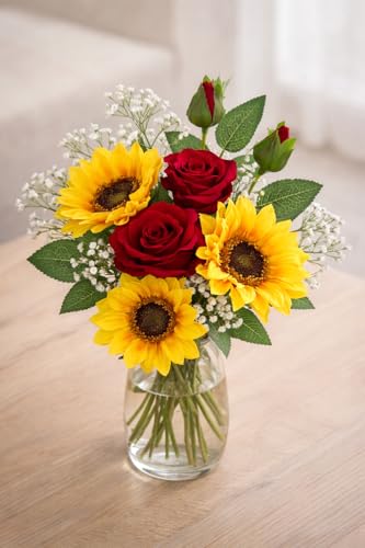 Image of Divyakosh Artificial Flowers for Home Decoration, Flora for Decor | Artificial Flowers for Vase (VASE NOT Included) Decorative Items for Living Room. Sunflower and Red Rose Bunch with Baby Breath |