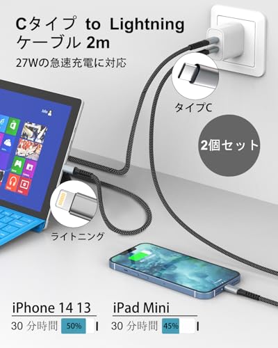USB C Lightning ケーブル2M 2本セット [MFi認証取得] iPhone 充電ケーブル タイプc ライトニング 充電コード PD対応 急速充電 高耐久ナイロン データ転送 Type C to Lightning 充電コード iPhone 14/14 Pro Max/13/13 Pro/12/11 Pro Max/SE/XS/XR/X/8/7 Plus/6/5/iPad 各種対応