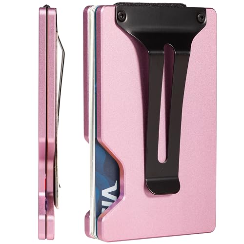 Image of Minimalist Carbon Fiber Wallet for Men, Money Clip Cash Strap Wallet, RFID Blocking Metal Wallet Aluminum Card Holder,Front Pocket Wallet(Matte Pink)