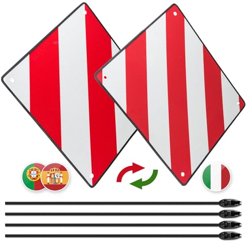 Raisaplin 2 in 1 Reflex Warnschild Italien & Spanien, mit Befestigungsbändern & Ecken Schutz, Aluminium 50x50 cm, Kennzeichnung überstehender Last für Fahrradträger Heckträger