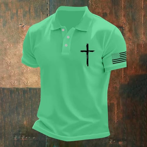 Mens Christian Cross Polo Shirts American Flag Short Sleeve Golf Clothes 4th of July USA Flag Casual Patriotic Tops