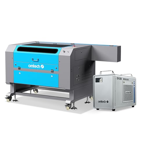 OMTech 100W CO2 Laser Engraver with Water Chiller, 28"x20" Cutting & Engraving Machine with Air Assist, 4-Way Pass, Caster Wheels, RDWorks, for Wood, Glass, Acrylic & More