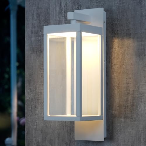 Inowel Dusk to Dawn Outdoor Wall Light White LED Exterior Light Fixture for House,15in Porch Light Outdoor Wall Mount Sconce with Clear Glass for Garage Front Door Garden Patio,13W 800LM