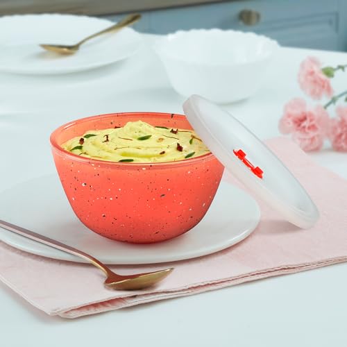 Image of Borosil 500ml Kube Pink Serving & Mixing Bowl with Lid | Made in India Borosilicate Glass Bowl for Kitchen & Dinning | Bowl for Mixing Dough, Salad, Batter | Microwave & Dishwasher Safe