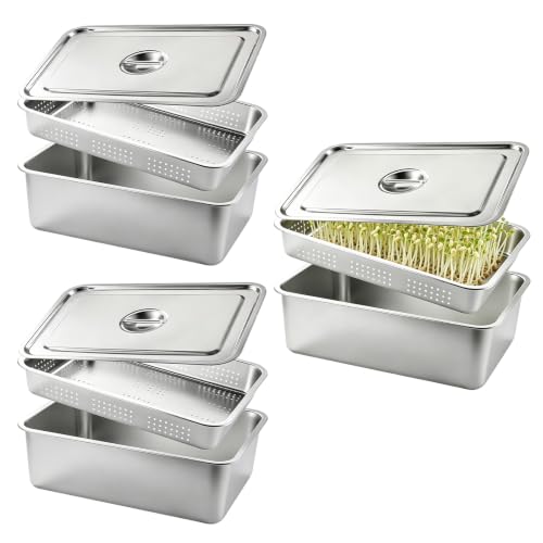 BONJUME Kit De Germination 33x22 cm, 3 Plateaux De Germination en Acier Inoxydable pour Germes Herbe à Chat Cresson Et Micro-Pousses - Plateau De Germination 2 en 1 avec Double Compartiment Et Tamis