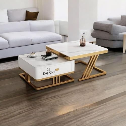 Image of RIZIK STORE Iron Frame Handmade Drawer Square 20 inchx20 inch Coffee Table /Nesting Table /Side Table /Center Table with Engineered Wood Top for Living Room /Drawing Room /Balcony ((Gold, 20 inchx20 inch))