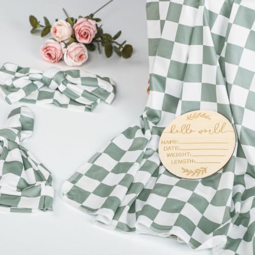 Image of TANOFAR 4-Pack Newborn Swaddle Blanket for Baby Girls & Boys, Ultra Soft Receiving Blankets with Matching Headband and Beanie Set Baby Nursery Swaddle Wrap, Grey Green Checkerboard