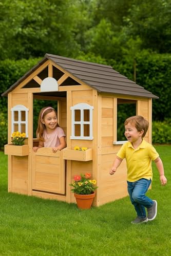 ONVAYA® Kinderspielhaus aus Holz ǀ mit Tür und Fenster ǀ Spielhaus aus Echtholz ǀ für DIY-Streichprojekte ǀ einfacher Aufbau ǀ Gartenhaus für Kinder