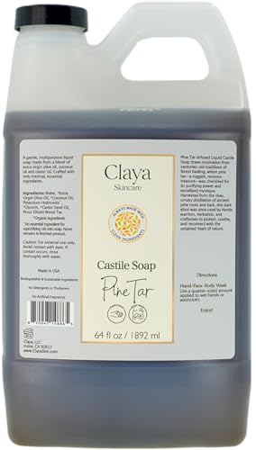 Image of Claya Pine Tar Liquid Castile Soap - Organic Ingredients, Biodegradable, Gentle for Sensitive Skin and Versatile Use (64 fl oz)