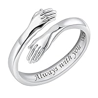 925 Sterling Silver Hug Rings for Women, I Love You Forever Love You Mother Gift Sister Gifts Engraved Words Hugging Hands Open Ring Friendship Jewelry Gift (Always with you)