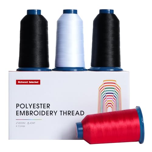 Image of Poolin Embroidery Thread, 2Black+1White+1Red, Huge Spool Richword Selected 4 Rolls 4000M(4374Y) 40WT Polyester Thread for All Embroidery Machines