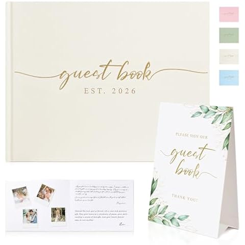 1DOT2 Wedding Guest Book with Personalized 2026 Year - Linen Photo Guest Book for Wedding Reception Bridal Shower Guests to Sign - 100 Pages Blank and Lined Acid Free Paper (Beige) Cover