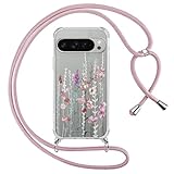 Yoedge Cover con Cordino per Google Pixel 9 Pro XL 5G 6,8", Trasparente Aesthetic Disegni Fiori Custodia con Collana Tracolla Laccio Collo, Sottile TPU Bumper Silicone + PC Antiurto Protettiva Case,03