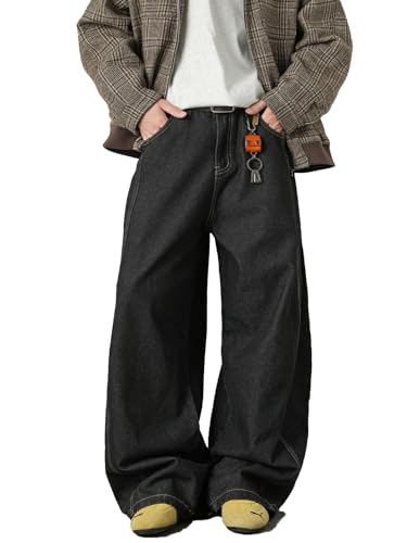 Baggy Hip Hop Jeans for Men Wide Leg Skater Denim Pants Casual Loose Fit Long Trousers A-Black