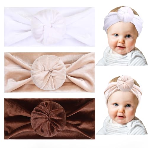 Image of Subesty 3pcs Velvet Baby Headbands Elastics Baby Girl Bows Nylon Newborn Headbands Hairbands Soft Handmade Wide Headwraps for Newborn Infant Toddlers (White Beige Brown)