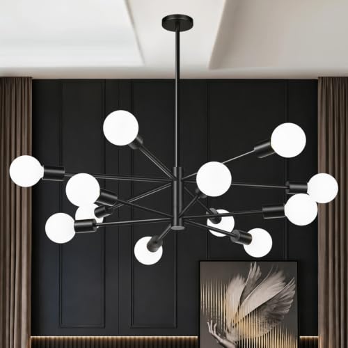 11"-52" Height Adjustable Modern Chandelier Ceiling Light Fixture, 12-Light Sputnik Chandeliers Matte Black Mid Century Chandelier Over Table, Chandeliers for Dining Room Living (Bulbs Not Included)
