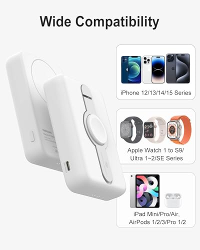 ZEROLEMON Magnetic Portable Charger, MagJuice+ 10000mAh Wireless Battery Pack with Stand, Compatible with MagSafe, 20W Power Bank for iPhone 15 Pro Max/12/13/14 Series, Apple Watch, AirPods - White