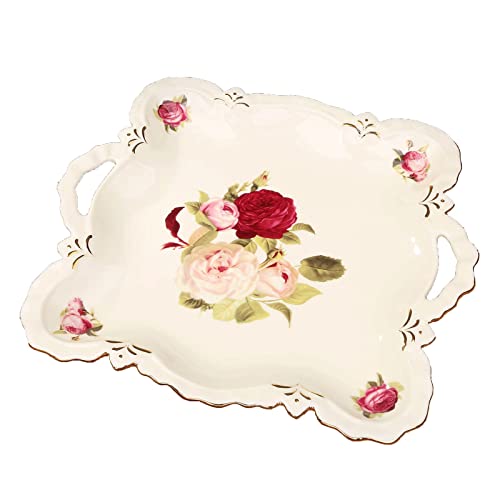 Charola de Servicio Bandeja de cerámica con bandeja de mango Bandeja de servir con adornos de oro Tray decorativa Bandeja de flores Fits Cómoda Baño Cocina Café Mesa de centro Blanco Bandeja decorativ