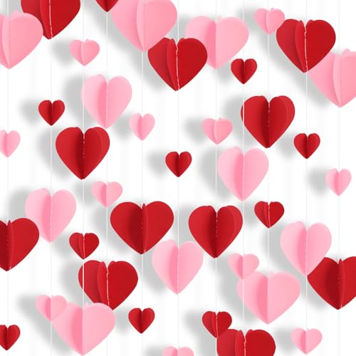 RICHHHA 5 Packs Red Pink 3D Love-Heart-Shaped Garland Banner Decor Hanging Paper Streamers,for Engagement Wedding Anniversary Valentine's Day Bridal Baby Shower Birthday Party Supplies（49FT）