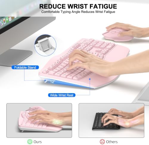 Wireless Keyboard and Mouse Combo, 2.4G Ergonomic Wave Keys(Light Pink) - 2