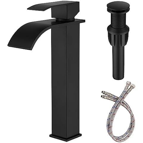 Waterfall Faucet for Bathroom Sink, JXMMP Black Bathroom Faucet Single Hole with Supply Hose and Pop Up Stopper, Single Handle Waterfall Bathroom Sink Faucet, Lavatory Faucet Bathroom, JXM1221BK Cover
