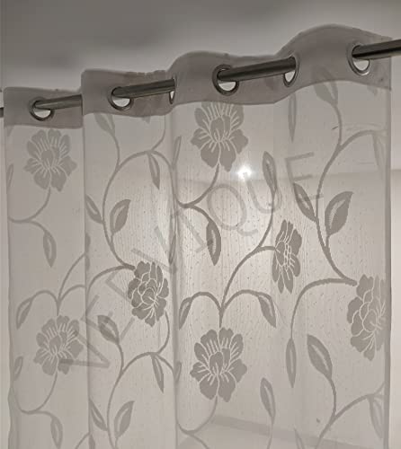 Heavy Polyester Beautiful Floral Design Tissue Grommet Net Sheer Curtains 7 Feet Long Set Of 2 | 4 * 7Ft | 122 * 213 Cm | Parde For Living Room And Bedroom | White Curtains
