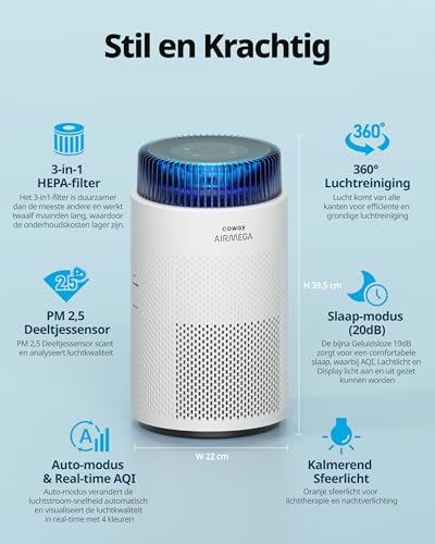 COWAY Air Purifier for Home Bedroom, Super Quiet Sleep Mode, Mood Light, Energy Star, Removes up to 99.999% of Harmful Particles down to 0.01 µm for Allergy Dust Pollen, CADR 244 m³/h - Airmega 100